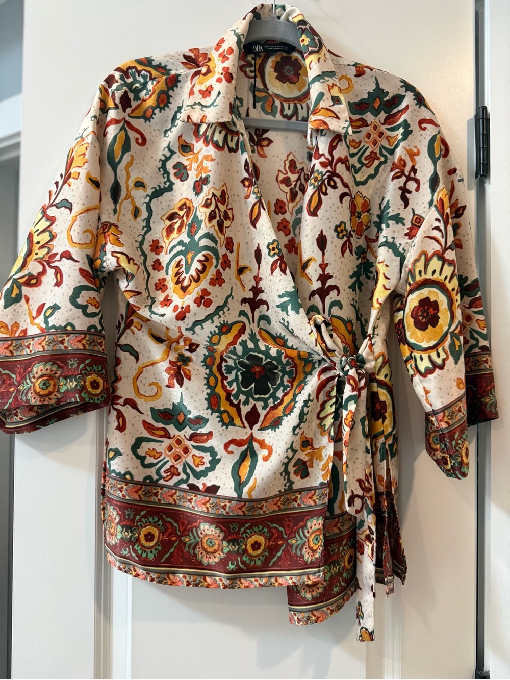 Zara Cream Wrap Blouse with Multicolor Paisley and Floral Print